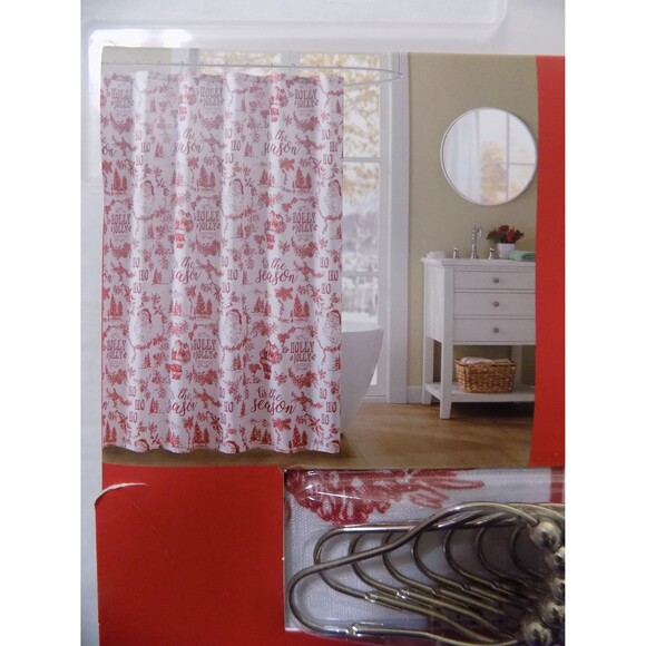 NEW Christmas Santa Ho Ho Ho Fabric Shower Curtain Set By Deck The Halls - Picture 2 of 3